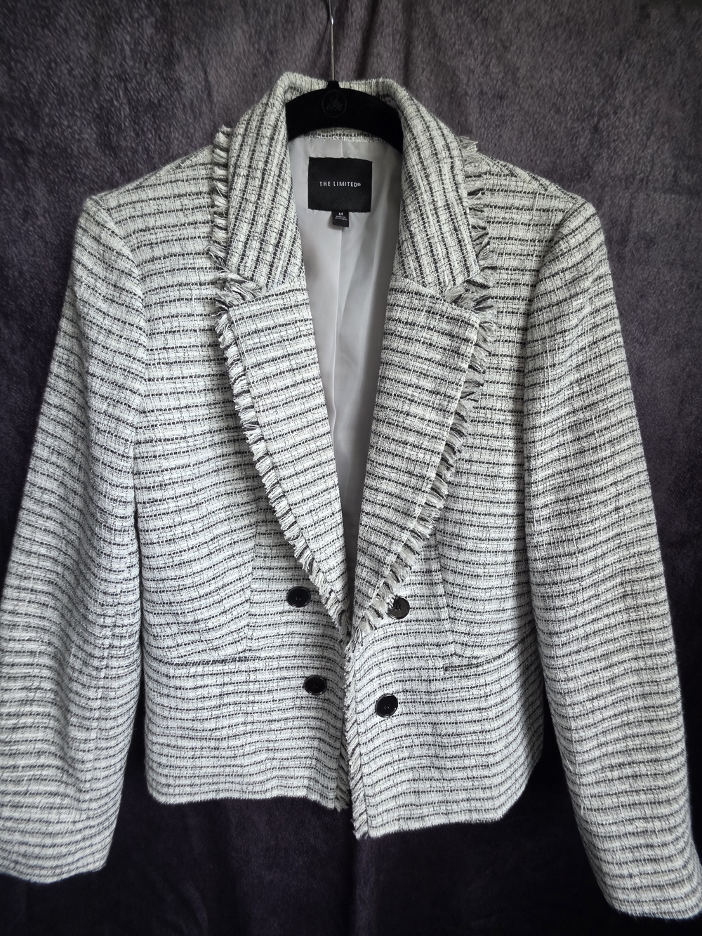 The Limited Womens M Tweed Blazer Black White Fringe Double Breasted Jacket